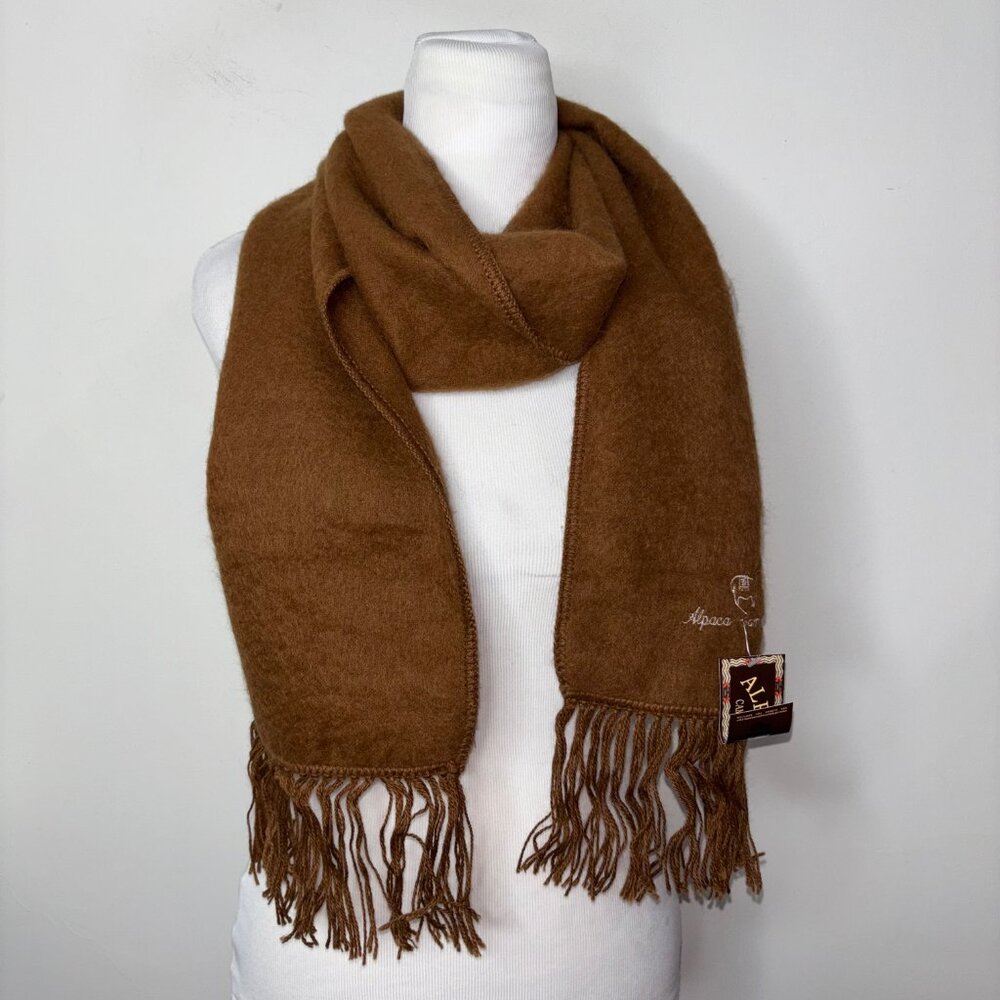 Alpaca Camargo Scarf Brown Soft Brushed Finish Fringed Edge Unisex Peru NWT